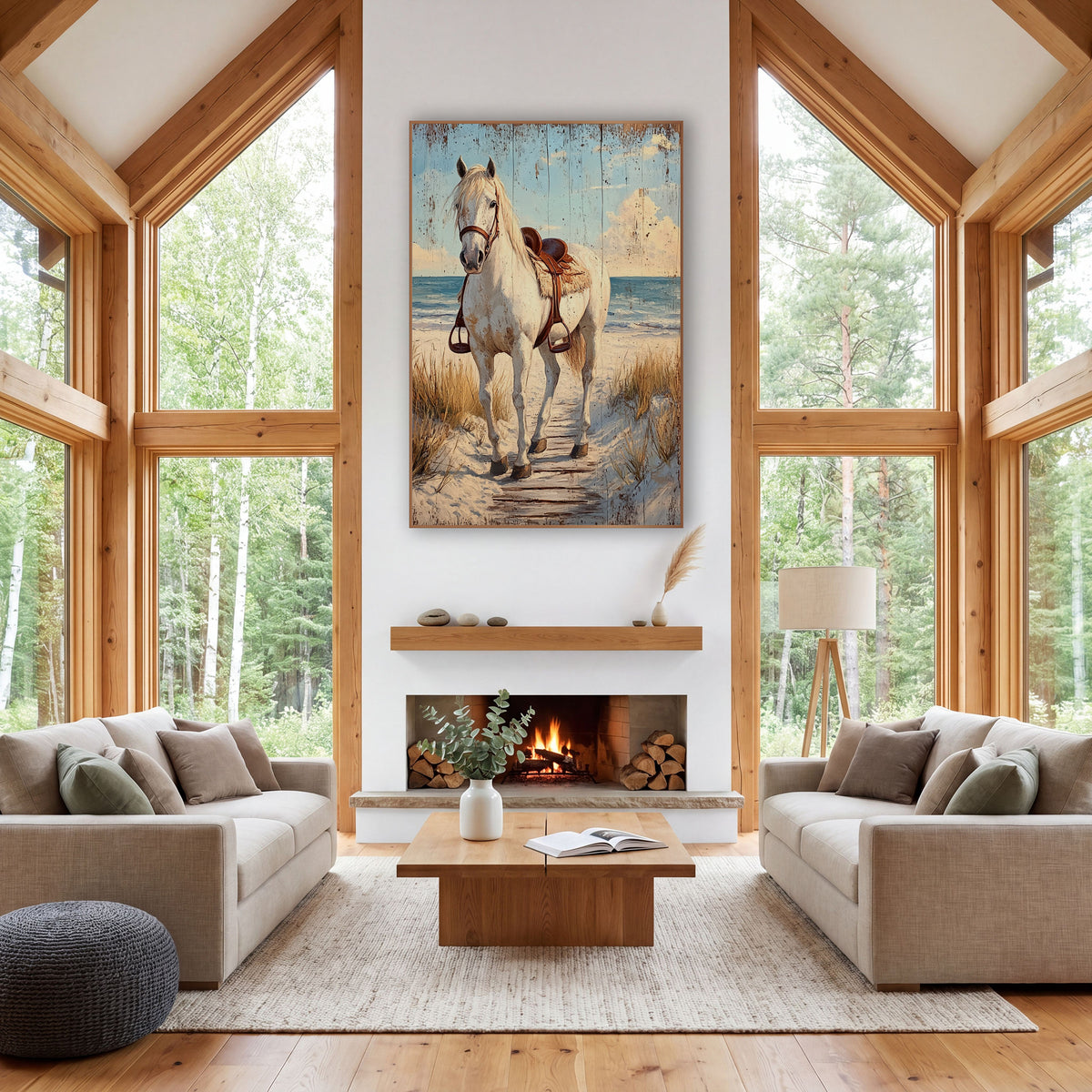 Facing White Horse Boardwalk Trail wall art in a rustic western-style room – white horse with a brown leather saddle