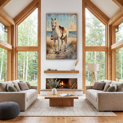 Facing White Horse Boardwalk Trail wall art in a rustic western-style room – white horse with a brown leather saddle