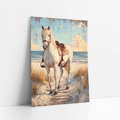 Facing White Horse Boardwalk Trail art print leaning against a white wall – white horse with a brown leather saddle