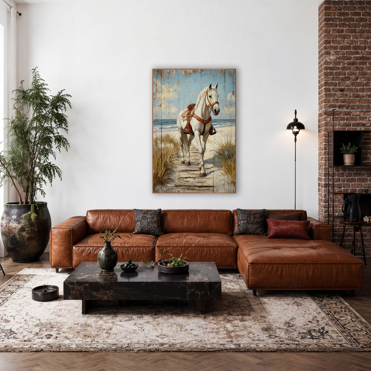 White Horse Beach Path Coastal Western wall art in a rustic western-style room – white horse with brown saddle walking