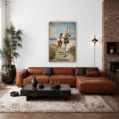 White Horse Beach Path Coastal Western wall art in a rustic western-style room – white horse with brown saddle walking