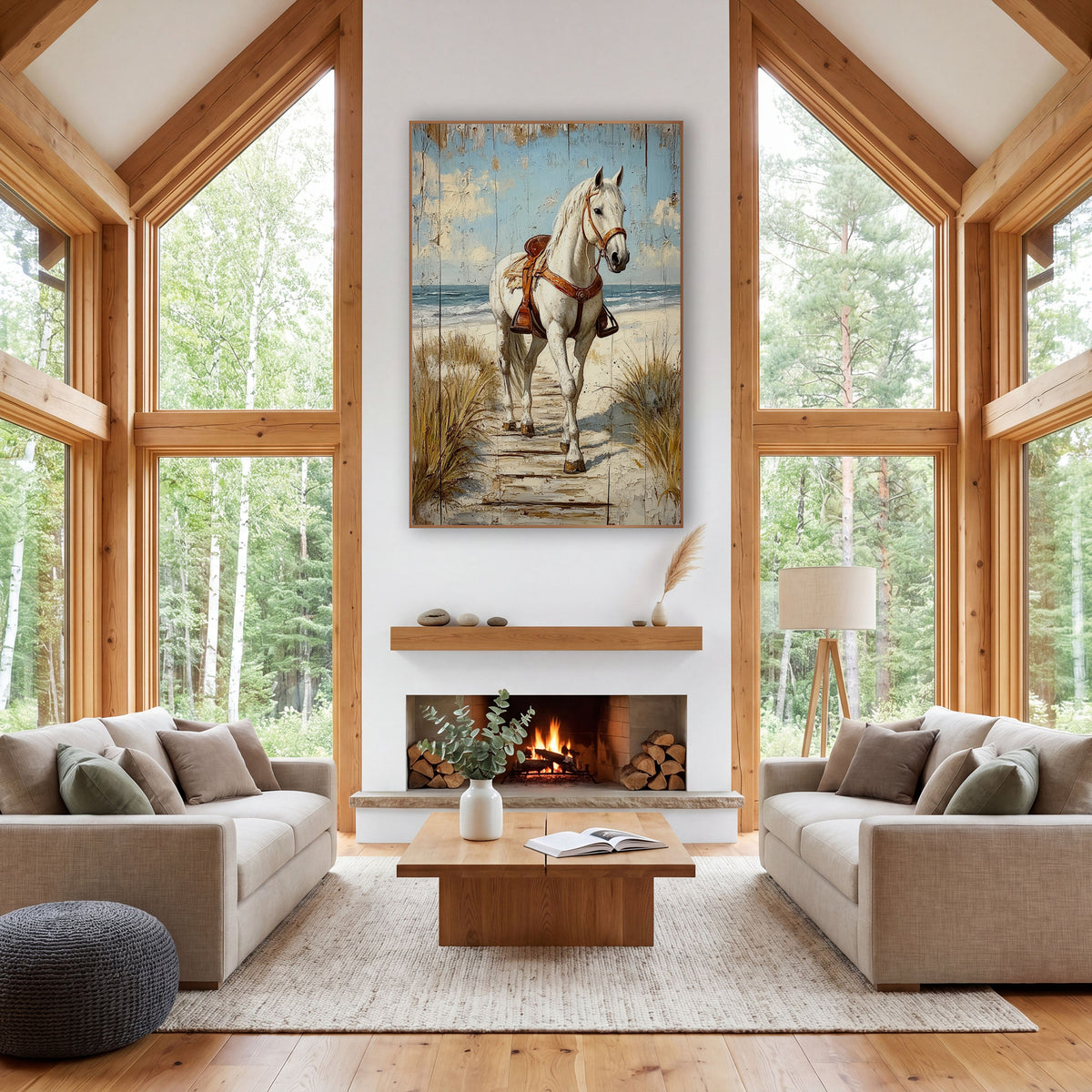 White Horse Beach Path Coastal Western wall art in a rustic western-style room – white horse with brown saddle walking