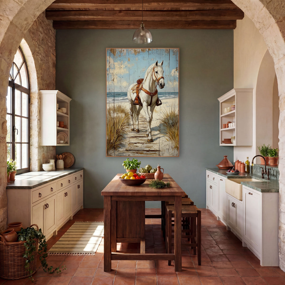 White Horse Beach Path Coastal Western wall art in a rustic western-style room – white horse with brown saddle walking
