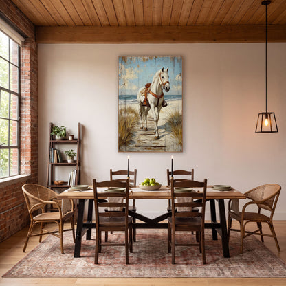 White Horse Beach Path Coastal Western wall art in a rustic western-style room – white horse with brown saddle walking