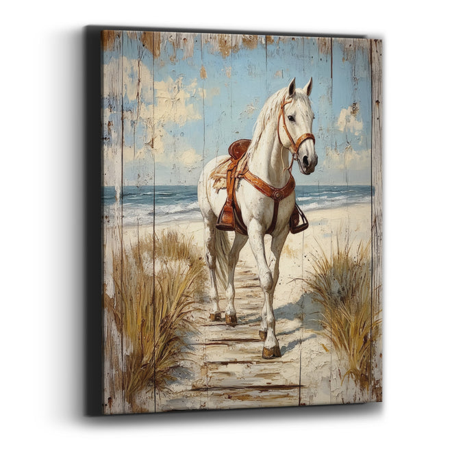 White Horse Beach Path Coastal Western Canvas Wall Art