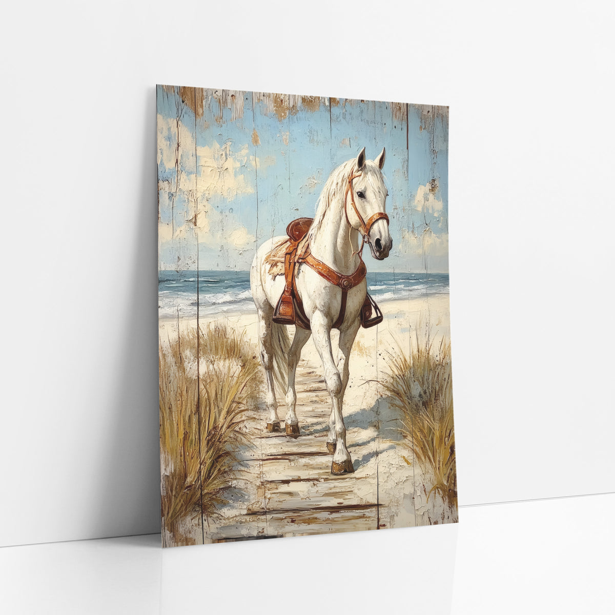 White Horse Beach Path Coastal Western art print leaning against a white wall – white horse with brown saddle walking a plank