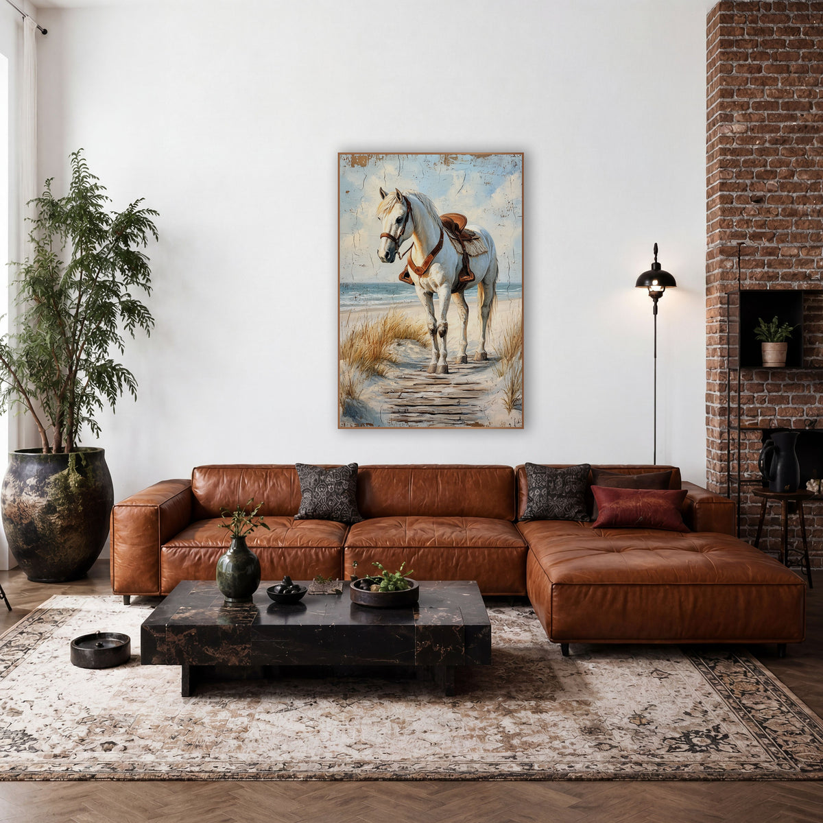 Turning Saddled Horse Cracked Sky wall art in a rustic western-style room – white horse with brown leather saddle