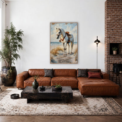 Turning Saddled Horse Cracked Sky wall art in a rustic western-style room – white horse with brown leather saddle
