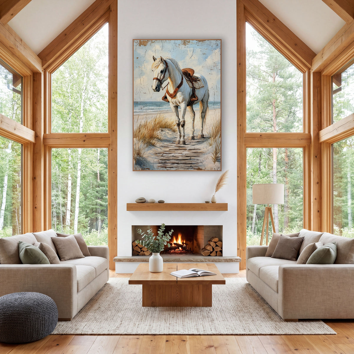 Turning Saddled Horse Cracked Sky wall art in a rustic western-style room – white horse with brown leather saddle