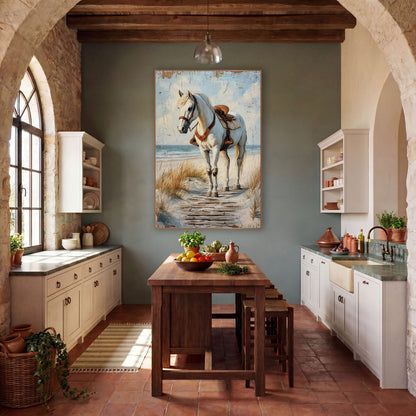 Turning Saddled Horse Cracked Sky wall art in a rustic western-style room – white horse with brown leather saddle