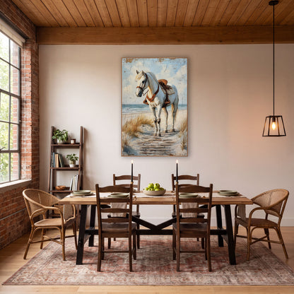 Turning Saddled Horse Cracked Sky wall art in a rustic western-style room – white horse with brown leather saddle