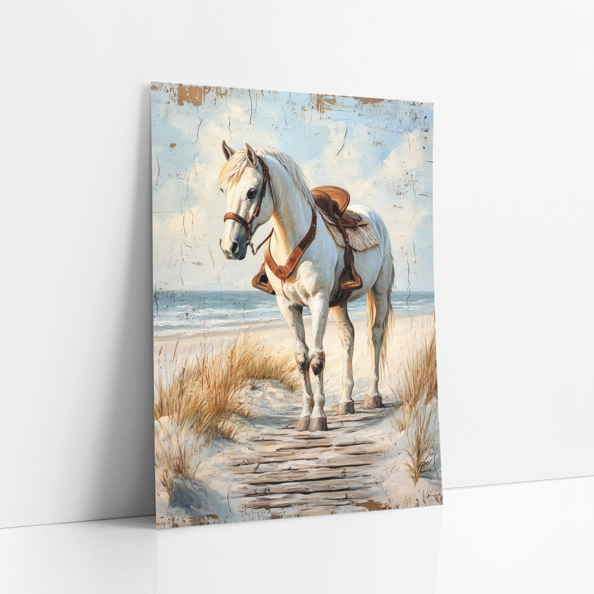 Turning Saddled Horse Cracked Sky art print leaning against a white wall – white horse with brown leather saddle standing