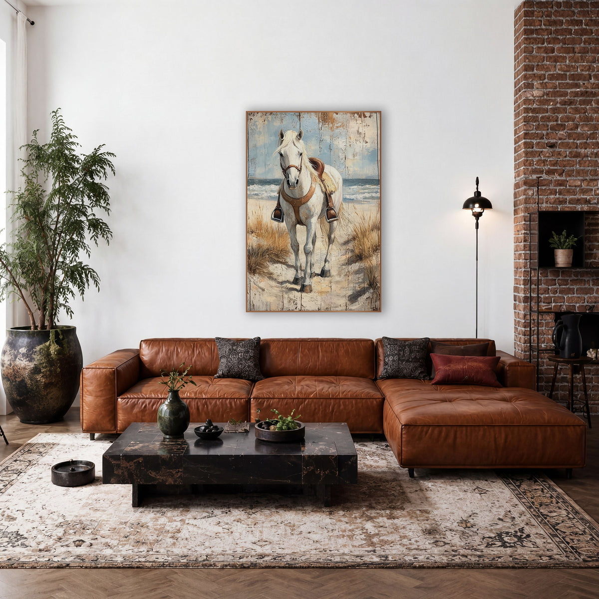 Wave Backed White Horse Stirrups wall art in a rustic western-style room – white horse in a brown leather saddle
