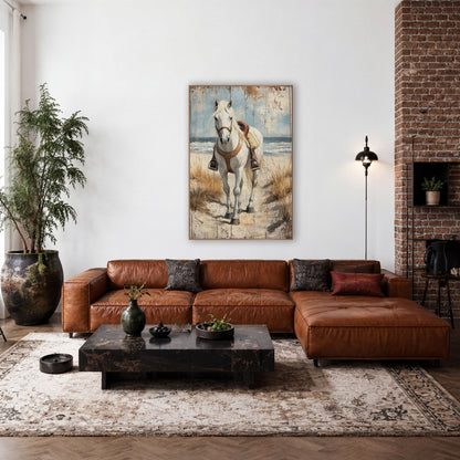 Wave Backed White Horse Stirrups wall art in a rustic western-style room – white horse in a brown leather saddle