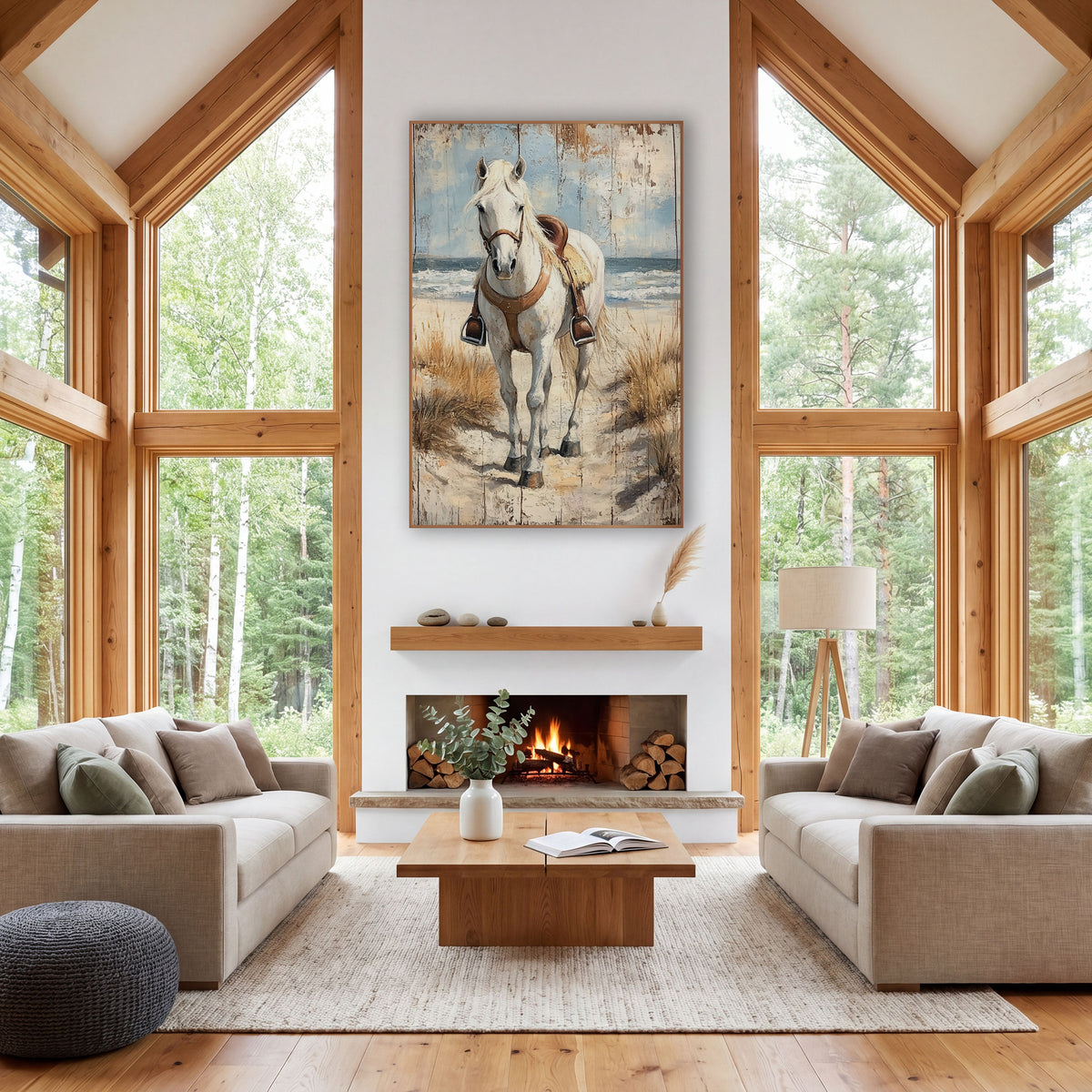 Wave Backed White Horse Stirrups wall art in a rustic western-style room – white horse in a brown leather saddle