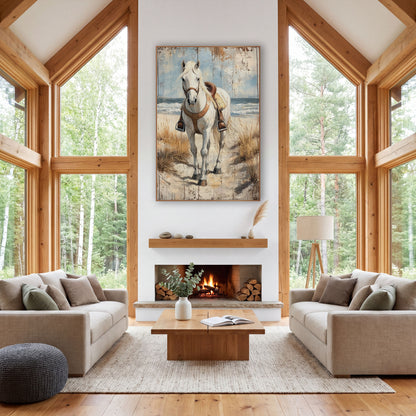 Wave Backed White Horse Stirrups wall art in a rustic western-style room – white horse in a brown leather saddle