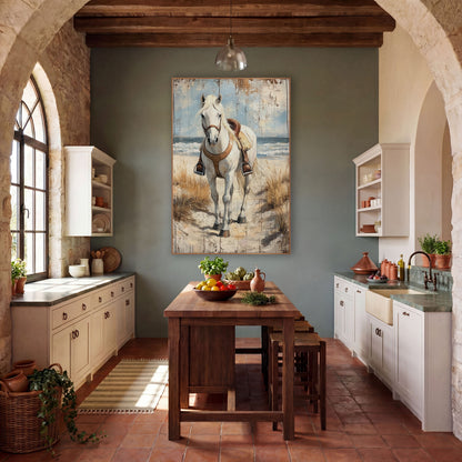 Wave Backed White Horse Stirrups wall art in a rustic western-style room – white horse in a brown leather saddle