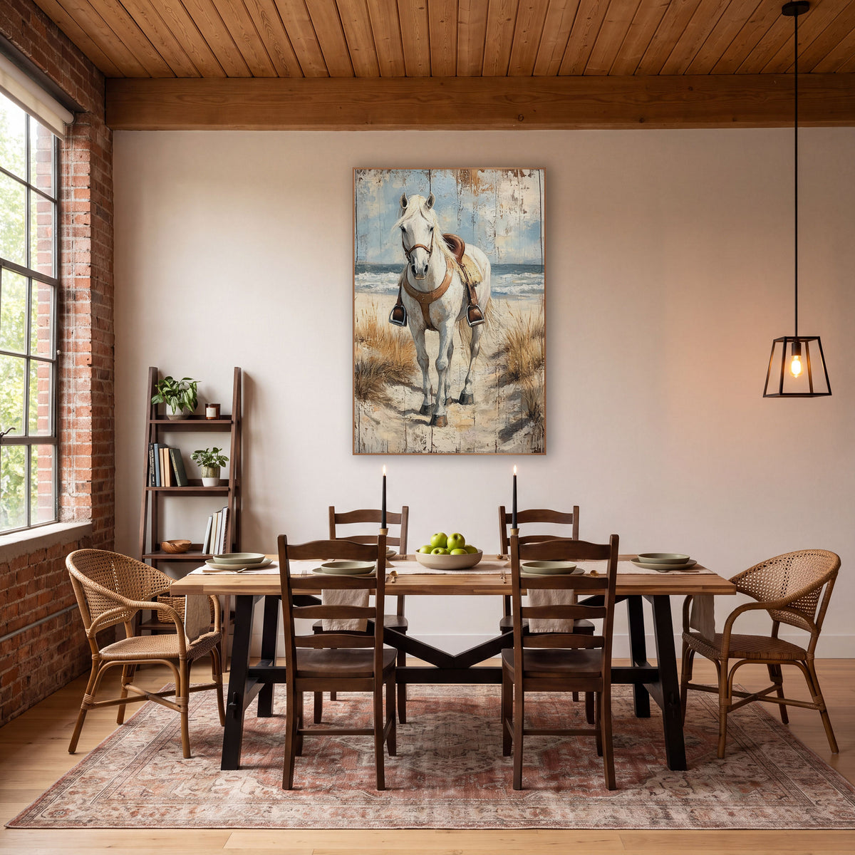 Wave Backed White Horse Stirrups wall art in a rustic western-style room – white horse in a brown leather saddle