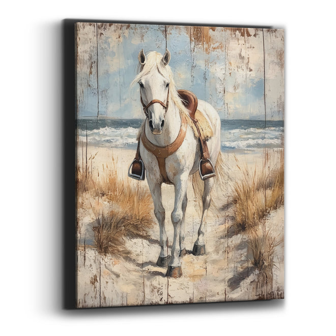 Wave Backed White Horse Stirrups Canvas Wall Art