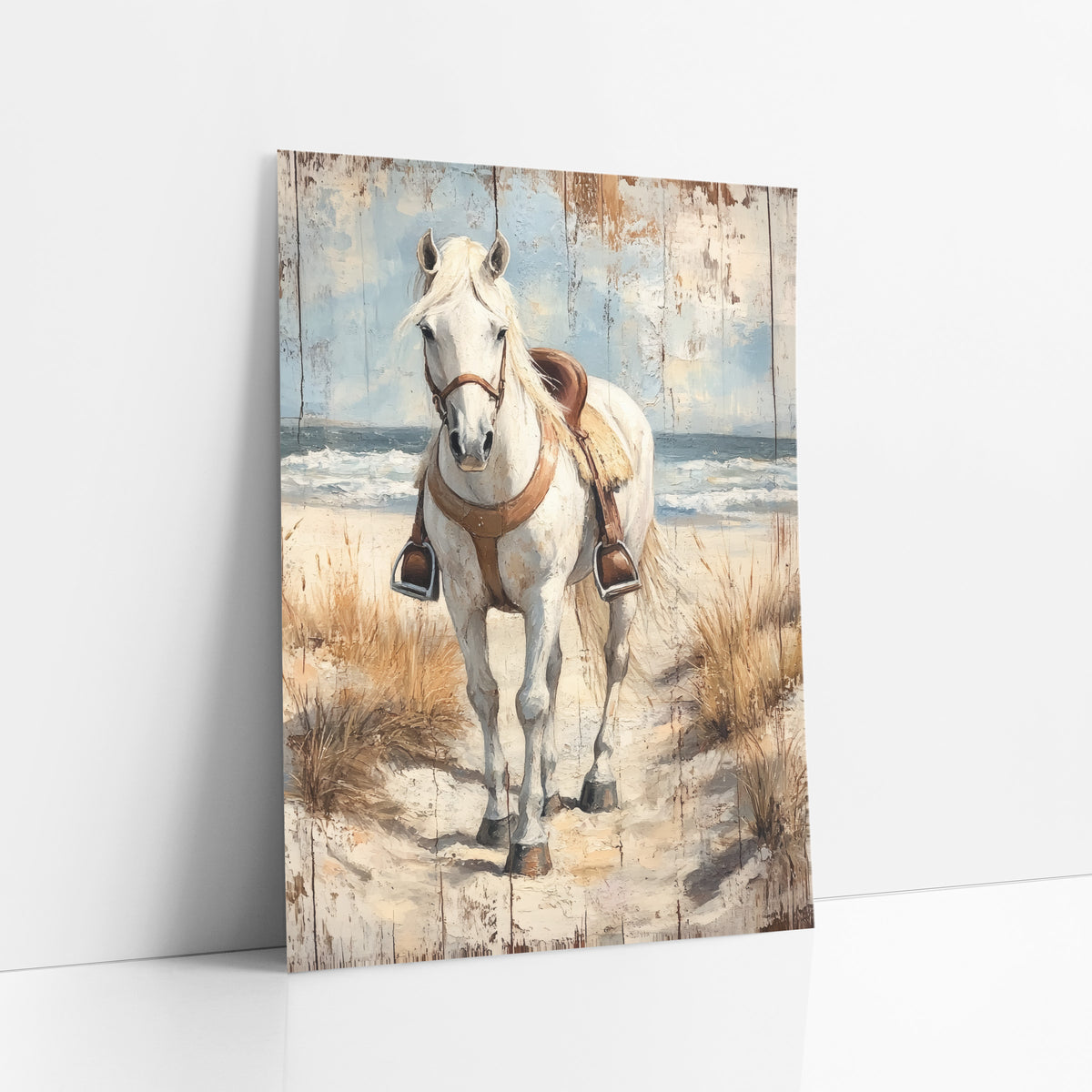 Wave Backed White Horse Stirrups art print leaning against a white wall – white horse in a brown leather saddle standing