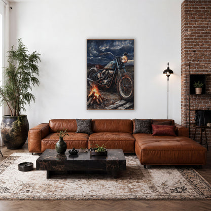 Rusty Chopper Campfire Storm wall art in a rustic western-style room – rusty vintage motorcycle parked