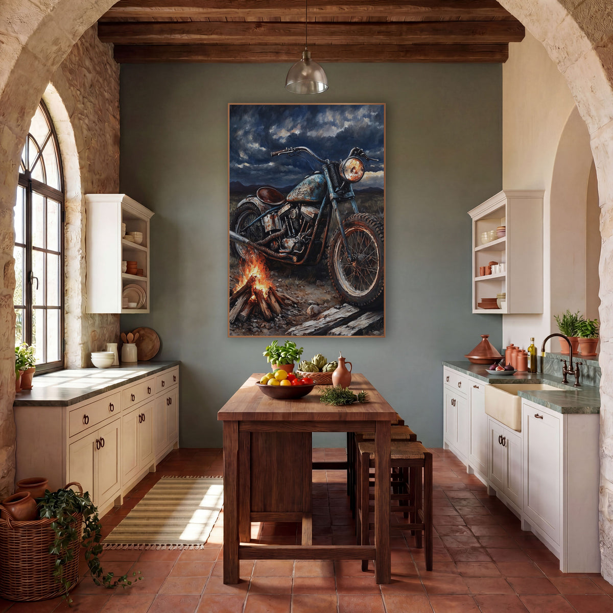 Rusty Chopper Campfire Storm wall art in a rustic western-style room – rusty vintage motorcycle parked