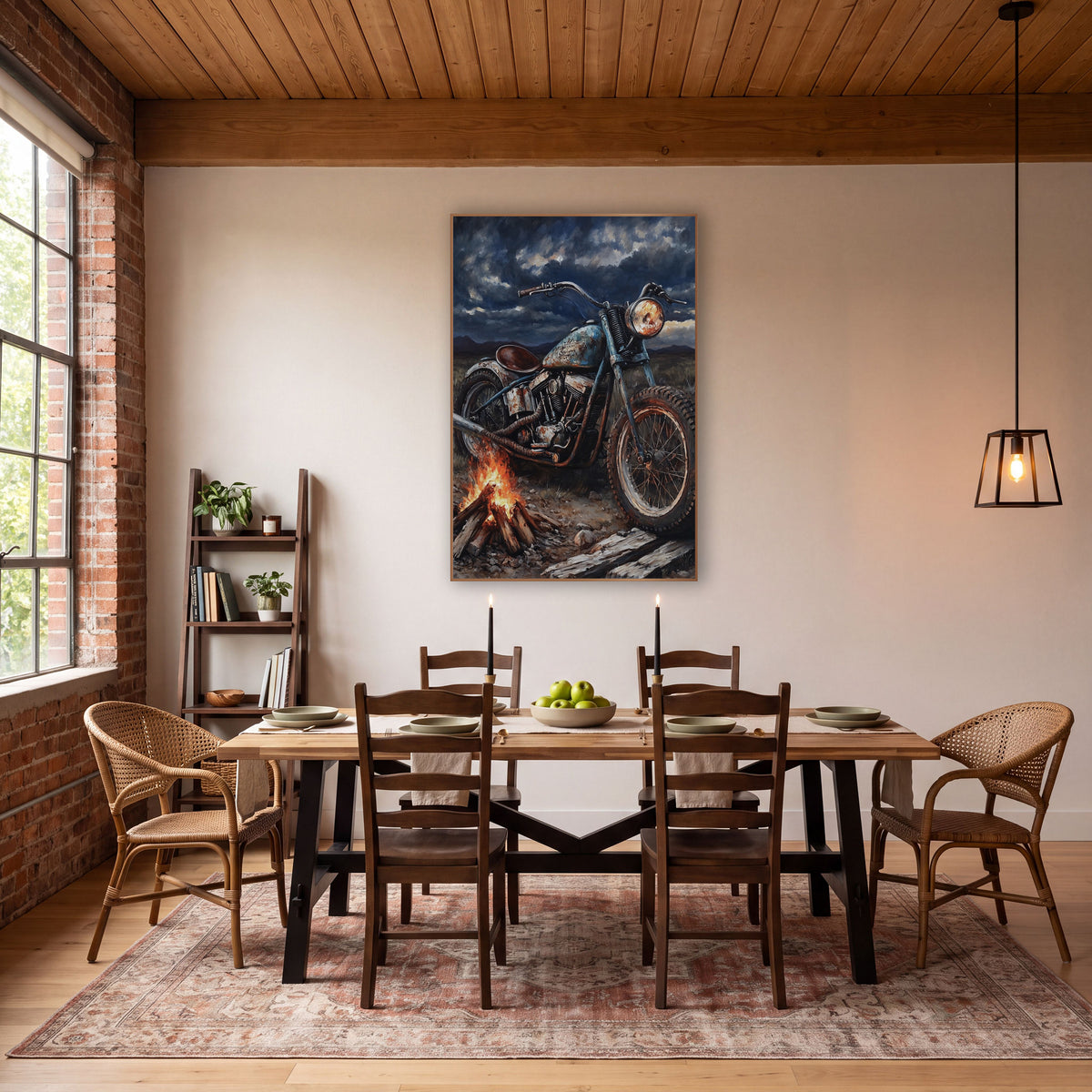 Rusty Chopper Campfire Storm wall art in a rustic western-style room – rusty vintage motorcycle parked