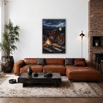 Copper Motorcycle Campfire Pines wall art in a rustic western-style room – vintage motorcycle with glowing headlight