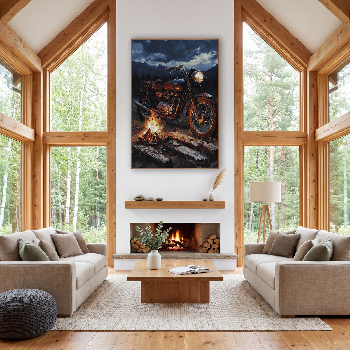 Copper Motorcycle Campfire Pines wall art in a rustic western-style room – vintage motorcycle with glowing headlight