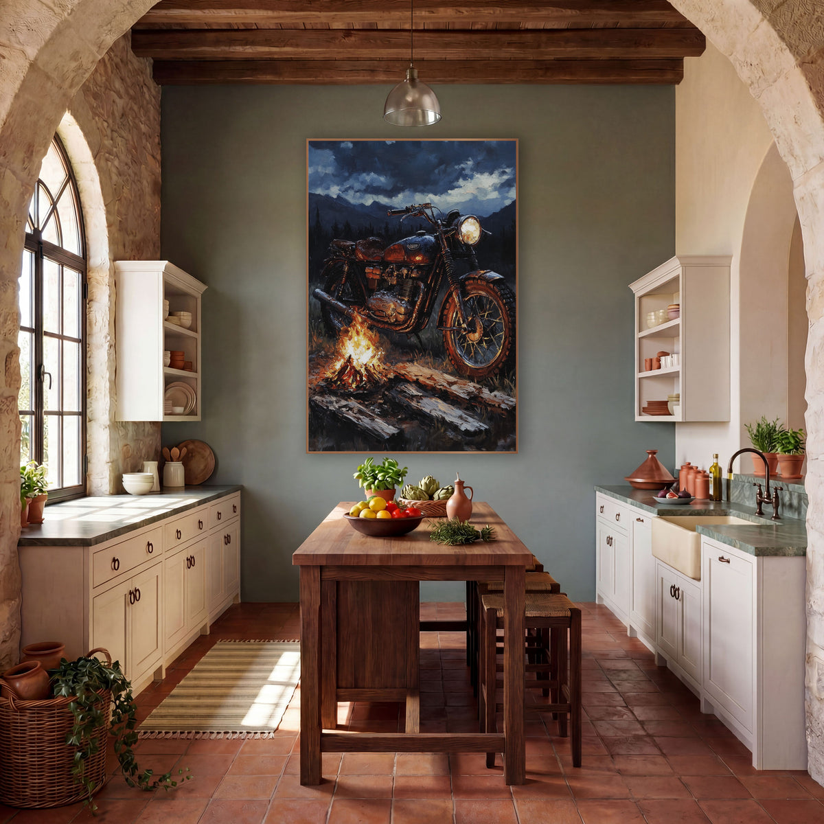 Copper Motorcycle Campfire Pines wall art in a rustic western-style room – vintage motorcycle with glowing headlight