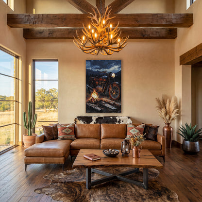 Copper Motorcycle Campfire Pines wall art in a rustic western-style room – vintage motorcycle with glowing headlight