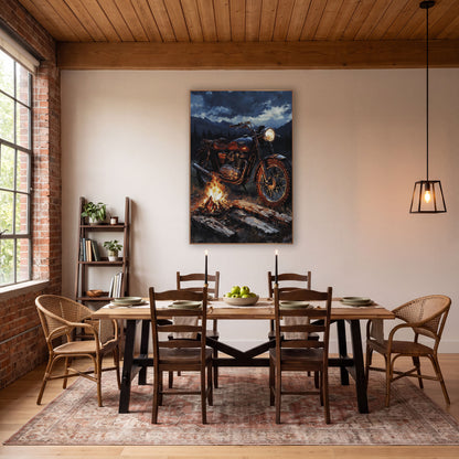 Copper Motorcycle Campfire Pines wall art in a rustic western-style room – vintage motorcycle with glowing headlight