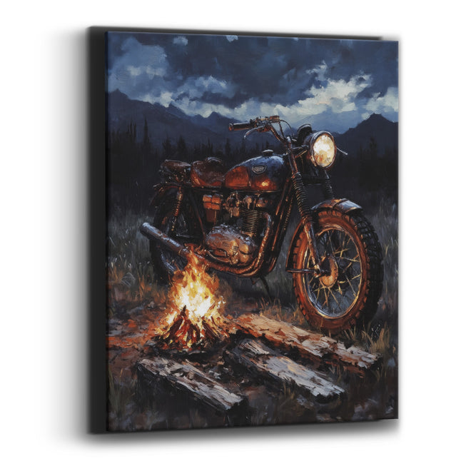 Copper Motorcycle Campfire Pines Canvas Wall Art