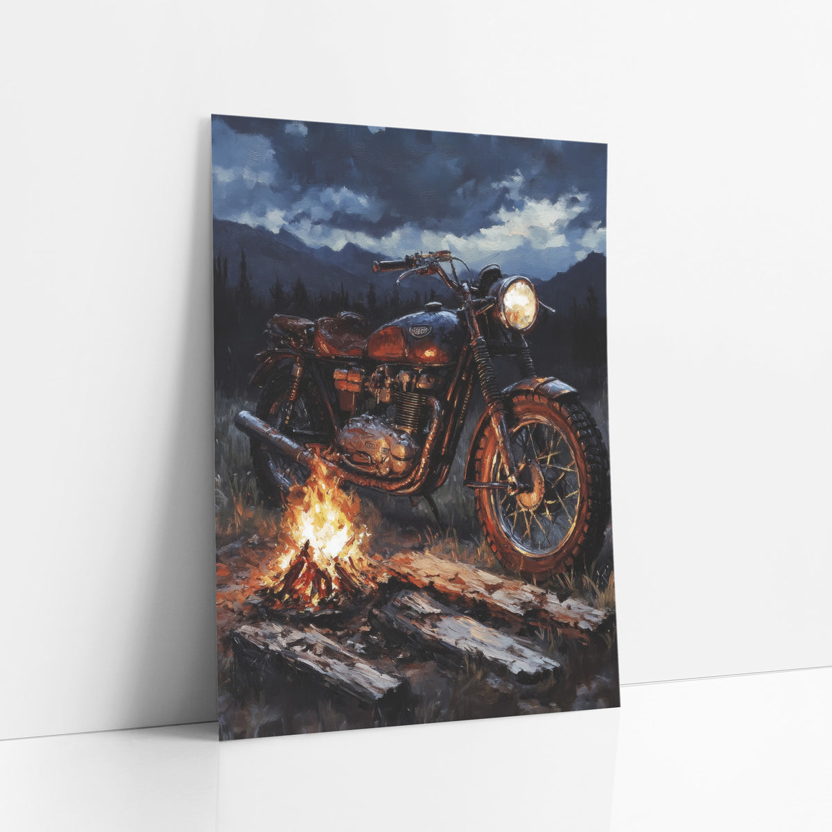 Copper Motorcycle Campfire Pines art print leaning against a white wall – vintage motorcycle with glowing headlight parked