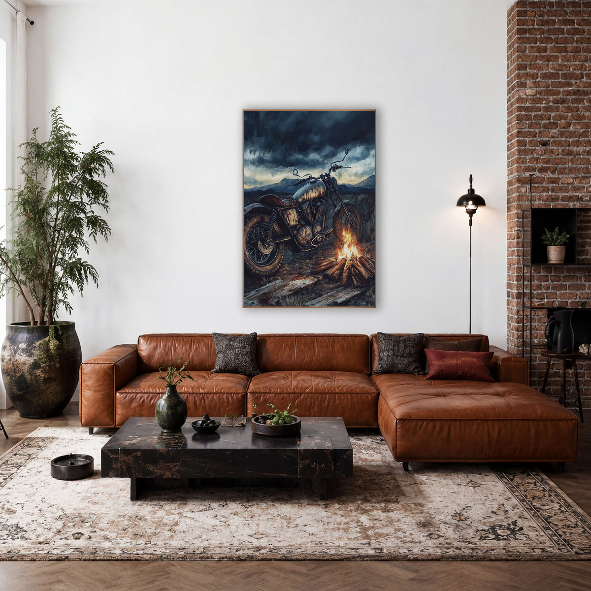 Vintage Motorcycle Campfire Western Scene wall art in a rustic western-style room – vintage motorcycle with a worn