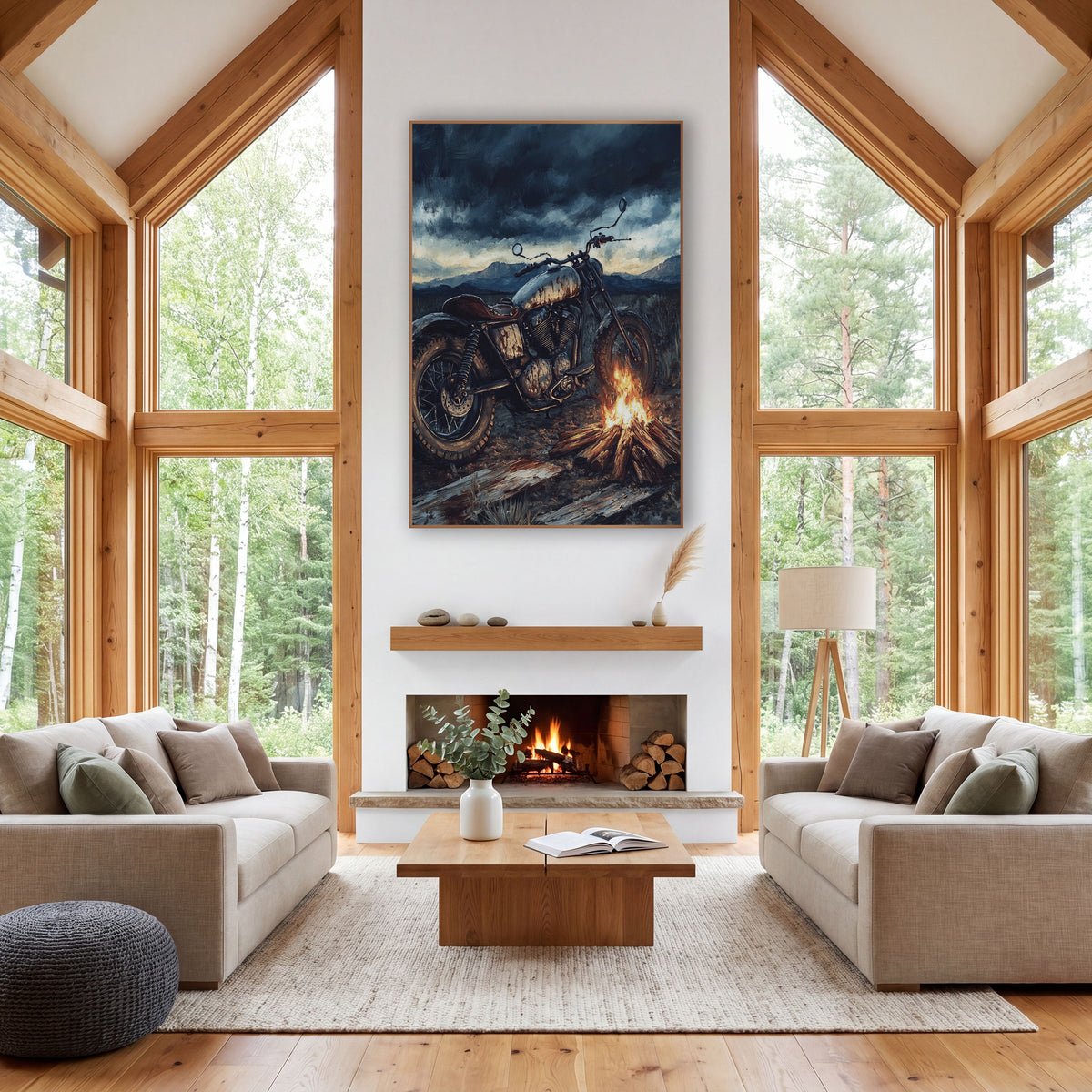 Vintage Motorcycle Campfire Western Scene wall art in a rustic western-style room – vintage motorcycle with a worn