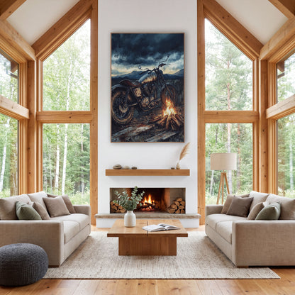 Vintage Motorcycle Campfire Western Scene wall art in a rustic western-style room – vintage motorcycle with a worn
