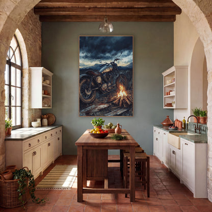 Vintage Motorcycle Campfire Western Scene wall art in a rustic western-style room – vintage motorcycle with a worn
