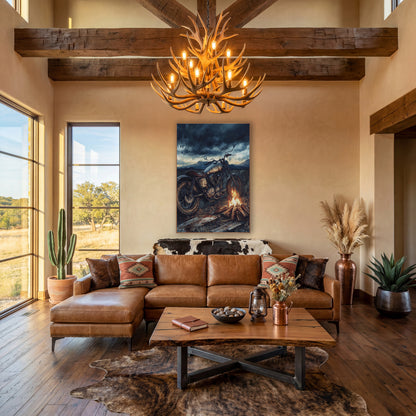 Vintage Motorcycle Campfire Western Scene wall art in a rustic western-style room – vintage motorcycle with a worn
