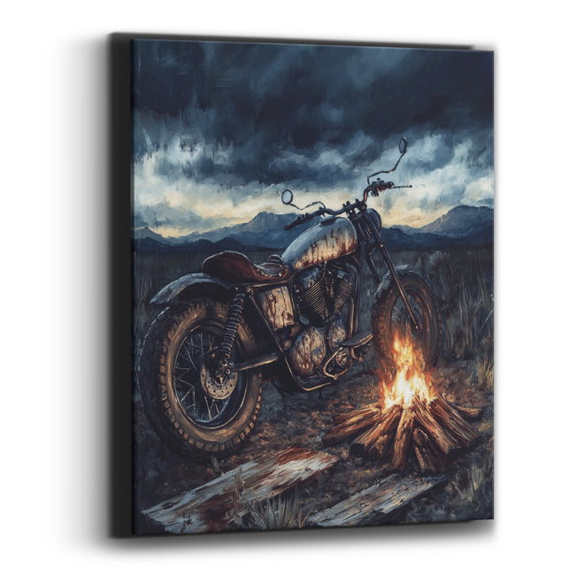 Vintage Motorcycle Campfire Western Scene Canvas Wall Art