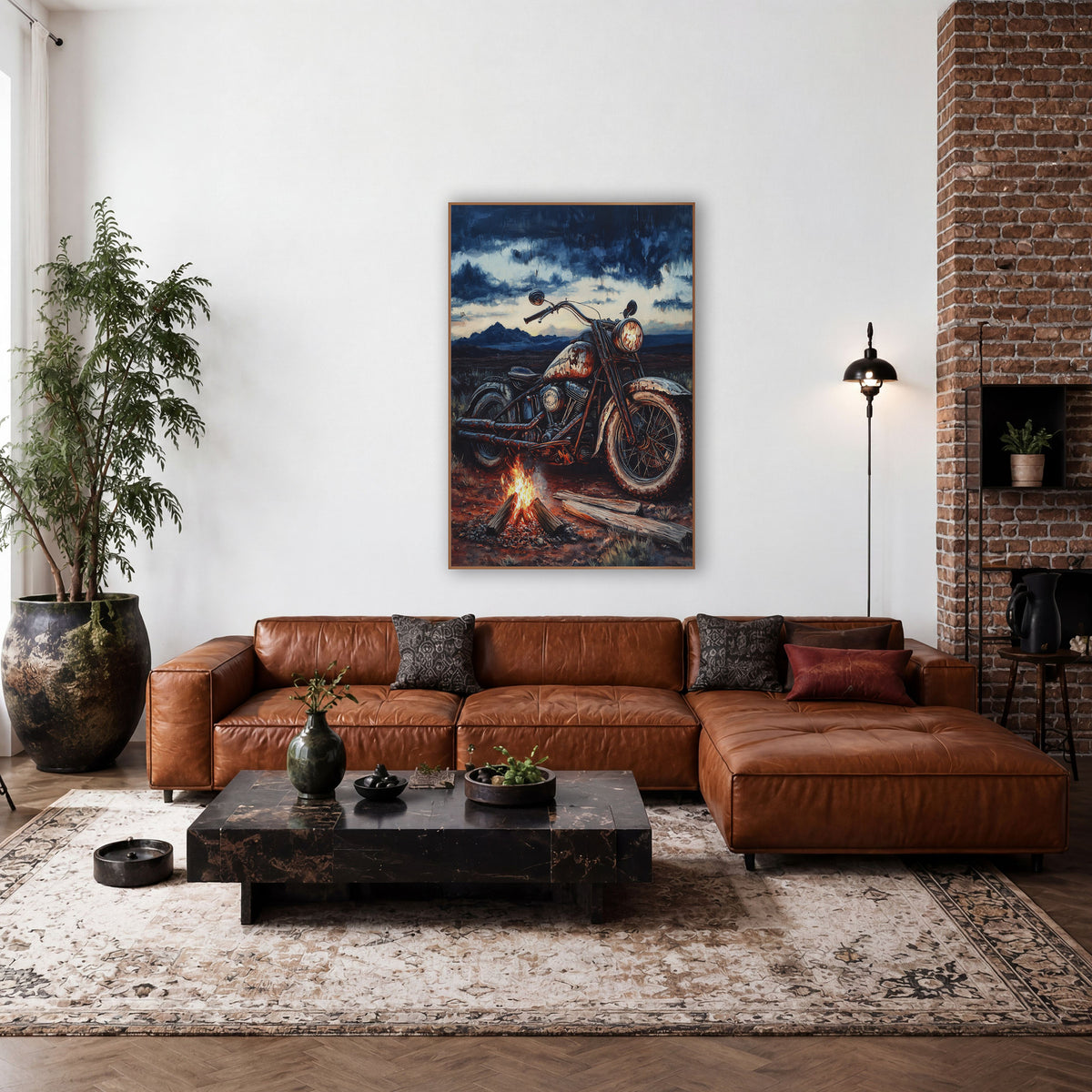 Vintage Motorcycle Campfire Western Landscape wall art in a rustic western-style room – rusted vintage motorcycle