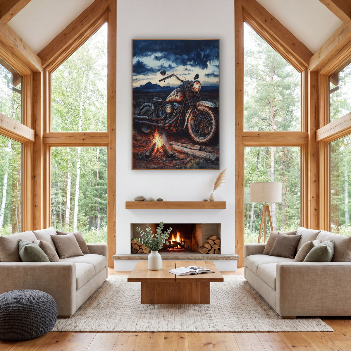 Vintage Motorcycle Campfire Western Landscape wall art in a rustic western-style room – rusted vintage motorcycle