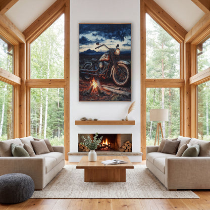 Vintage Motorcycle Campfire Western Landscape wall art in a rustic western-style room – rusted vintage motorcycle