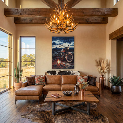 Vintage Motorcycle Campfire Western Landscape wall art in a rustic western-style room – rusted vintage motorcycle