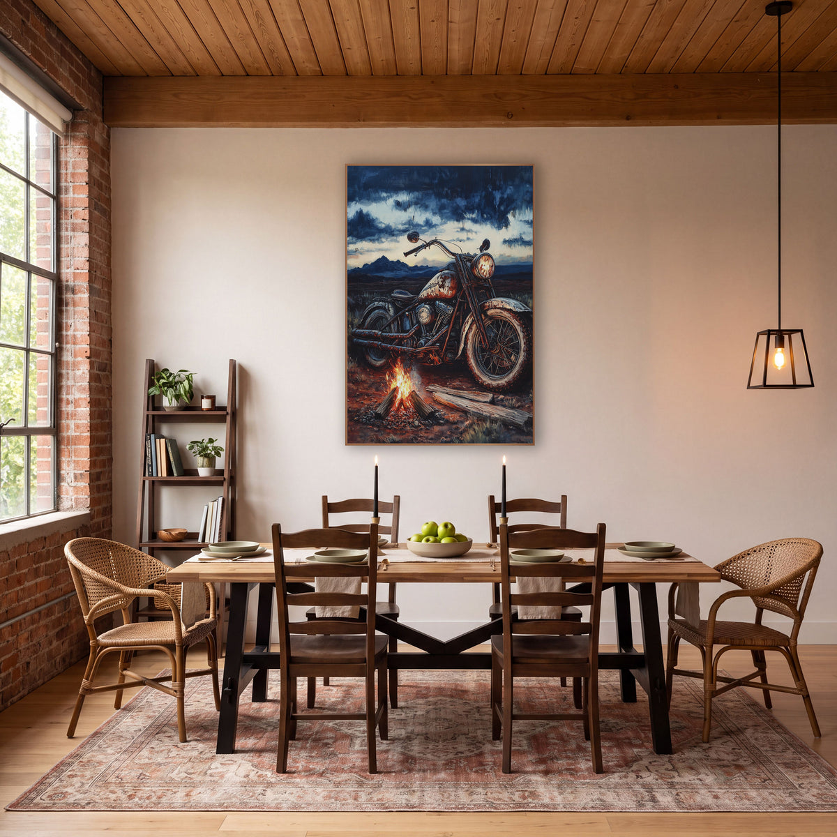 Vintage Motorcycle Campfire Western Landscape wall art in a rustic western-style room – rusted vintage motorcycle