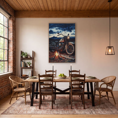 Vintage Motorcycle Campfire Western Landscape wall art in a rustic western-style room – rusted vintage motorcycle
