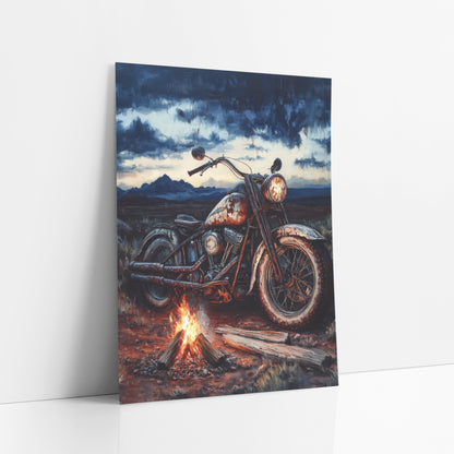 Vintage Motorcycle Campfire Western Landscape art print leaning against a white wall – rusted vintage motorcycle parked
