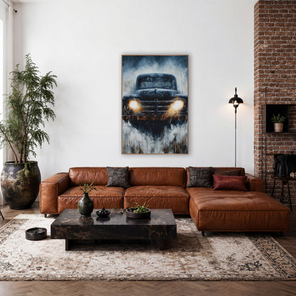 Rusty Vintage Pickup Truck Headlights wall art in a rustic western-style room – rusty vintage pickup truck facing
