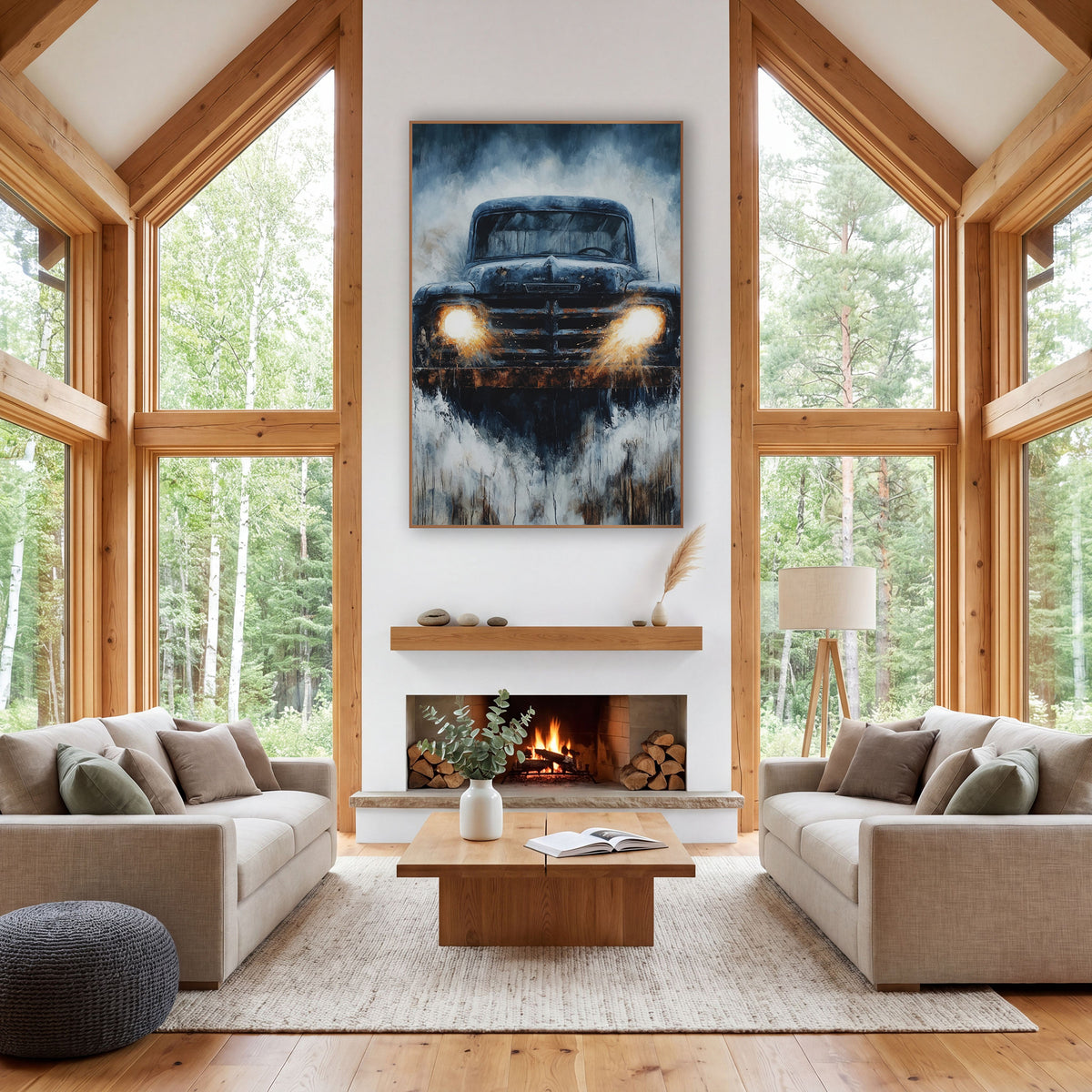 Rusty Vintage Pickup Truck Headlights wall art in a rustic western-style room – rusty vintage pickup truck facing