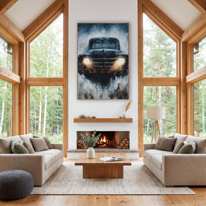 Rusty Vintage Pickup Truck Headlights wall art in a rustic western-style room – rusty vintage pickup truck facing